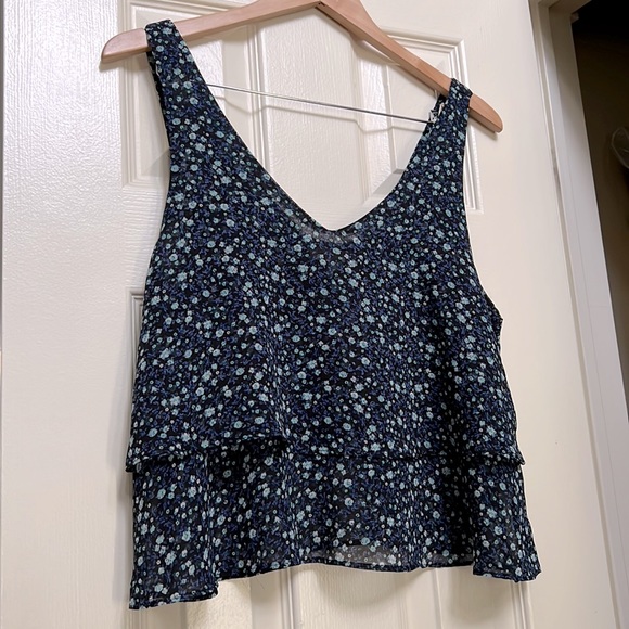 Garage Blue Floral Chiffon Tank Crop Top Women’s Size M - Picture 2 of 4